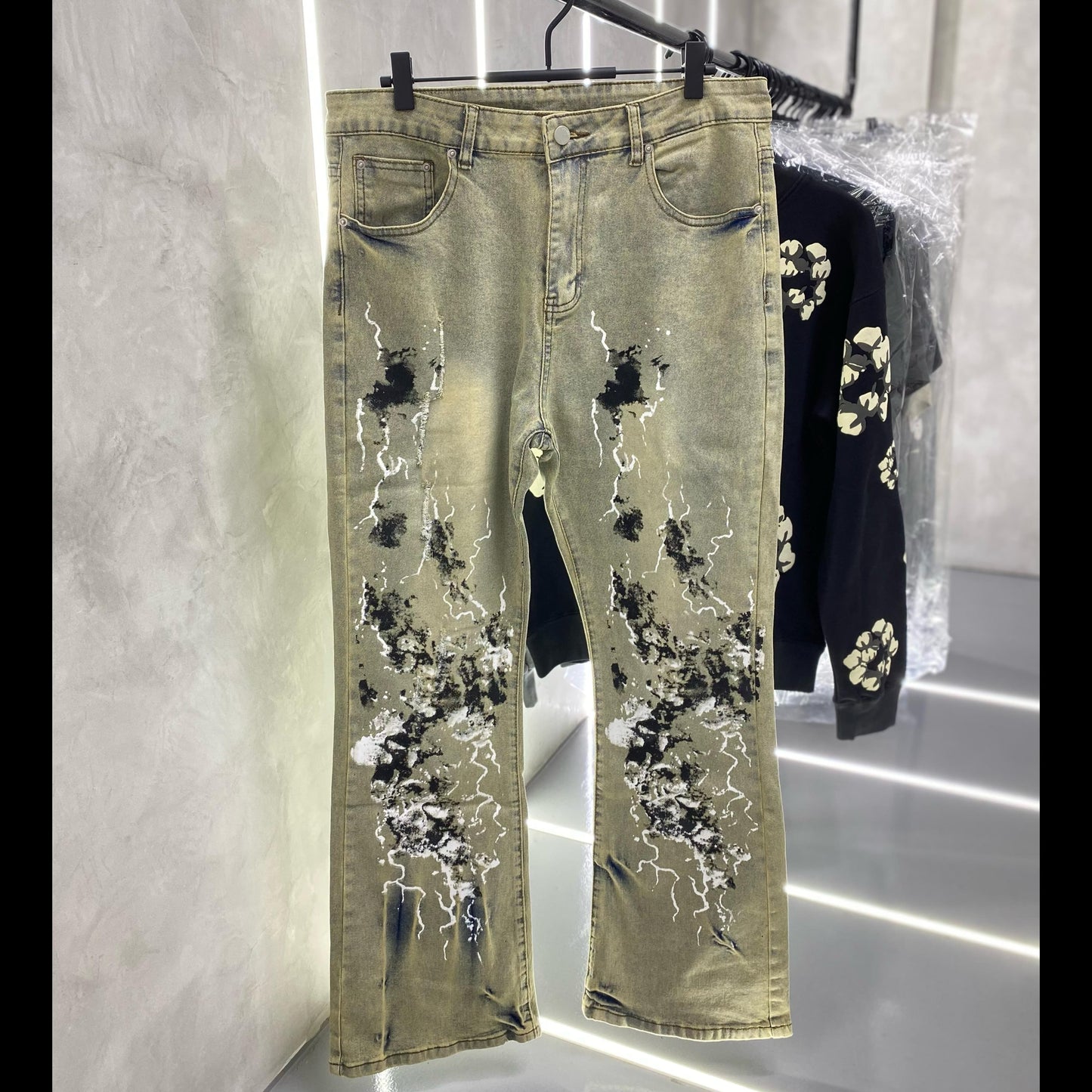 Cream Lightning Paint Splatter Flared Jeans