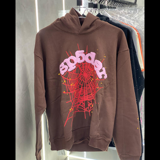 Sp5der Brown and Pink Logo Hoodie