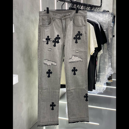 Chrome Hearts Type “Black Patches” White Jeans