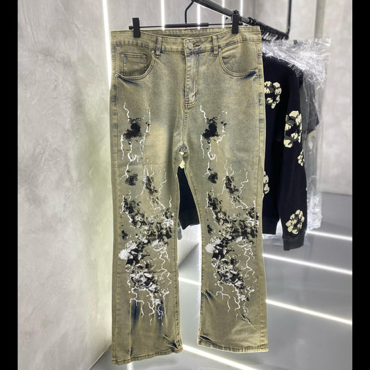 Cream Lightning Paint Splatter Flared Jeans